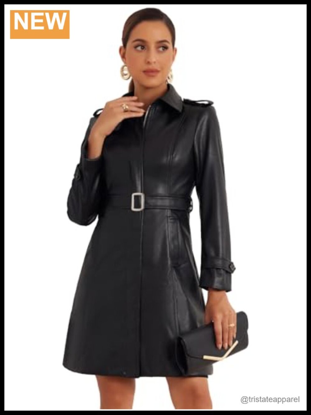 Faux Leather Long Trench Coat with Belt Women's Fall Winter Jacket